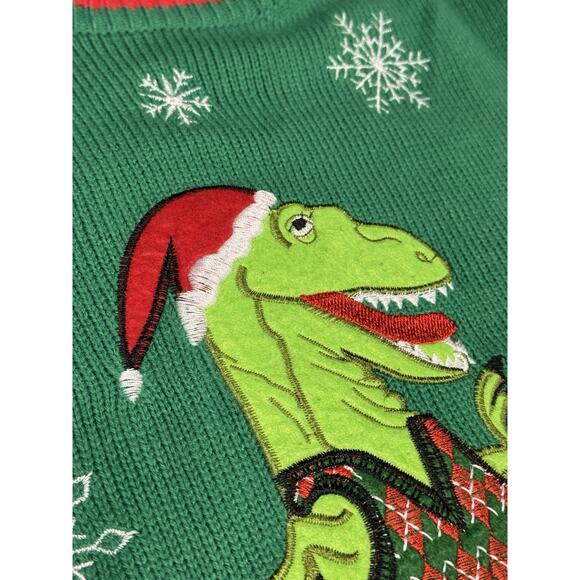 Vintage Jolly Sweaters Large Green Christmas Disco Dancing T-Rex Sweater - Picture 4 of 14